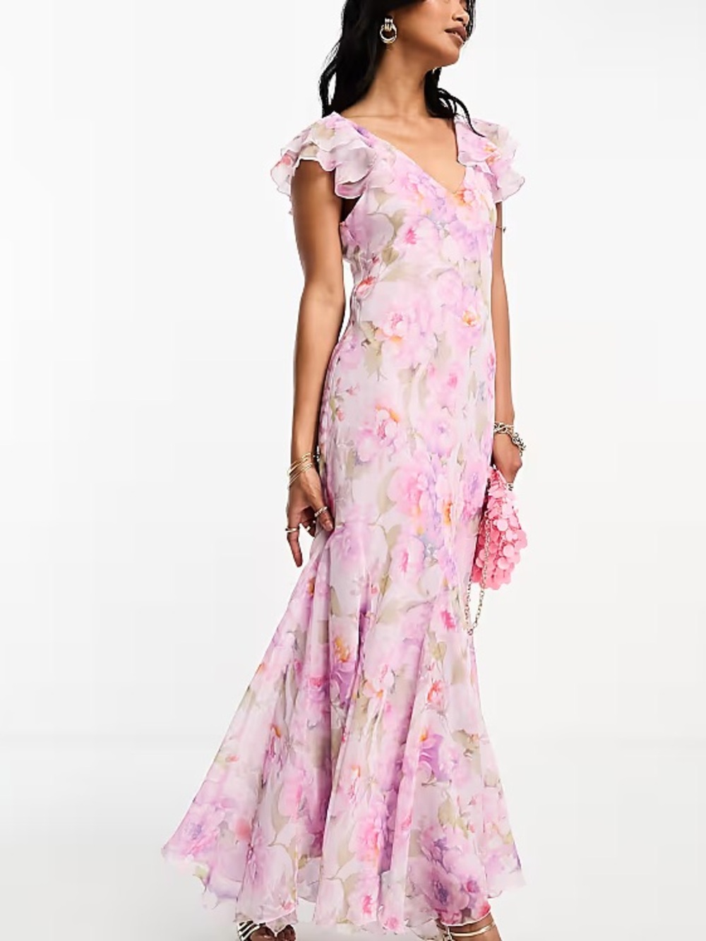 Mango Pink Floral V-Neck Ruffle Sleeve Maxi Dress